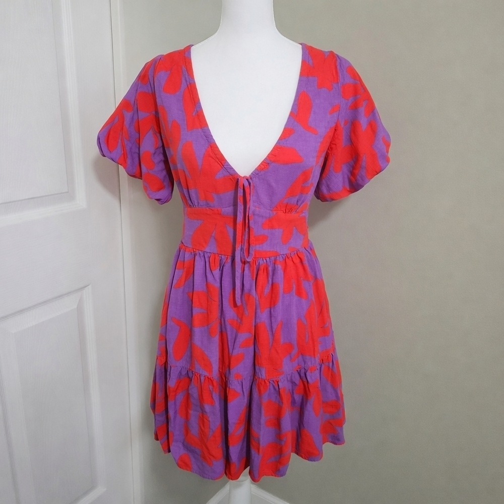 Mister Zimi Mini Dress Size 6 Purple Orange Floral Puff Sleeve Boho Vacation